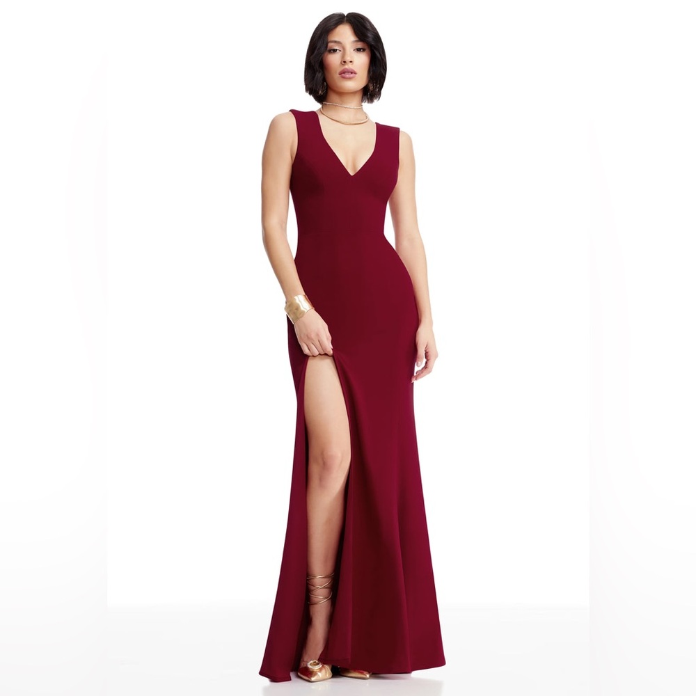 Dress The Population Sandra Dress Gown Garnet Red Plunge Neckline Size Small